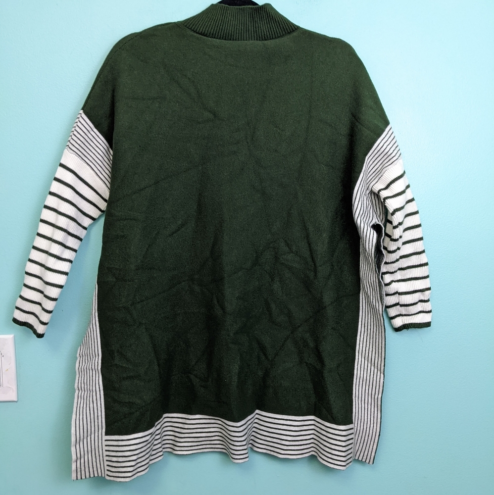ChicWish Green and White Solid and Stripe Poncho Style Long Sleeve Sweater Large